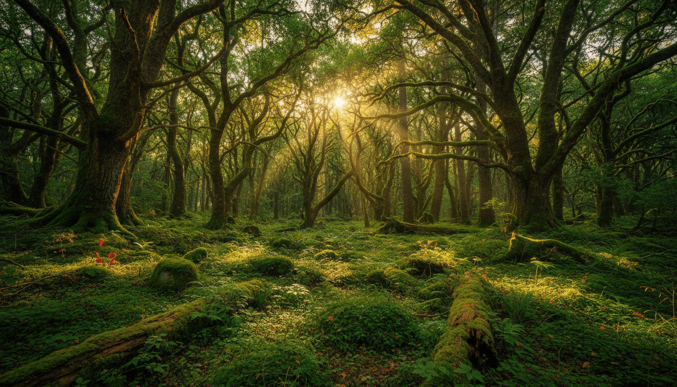 Sunlit forest with dense green canopy and natural vegetation