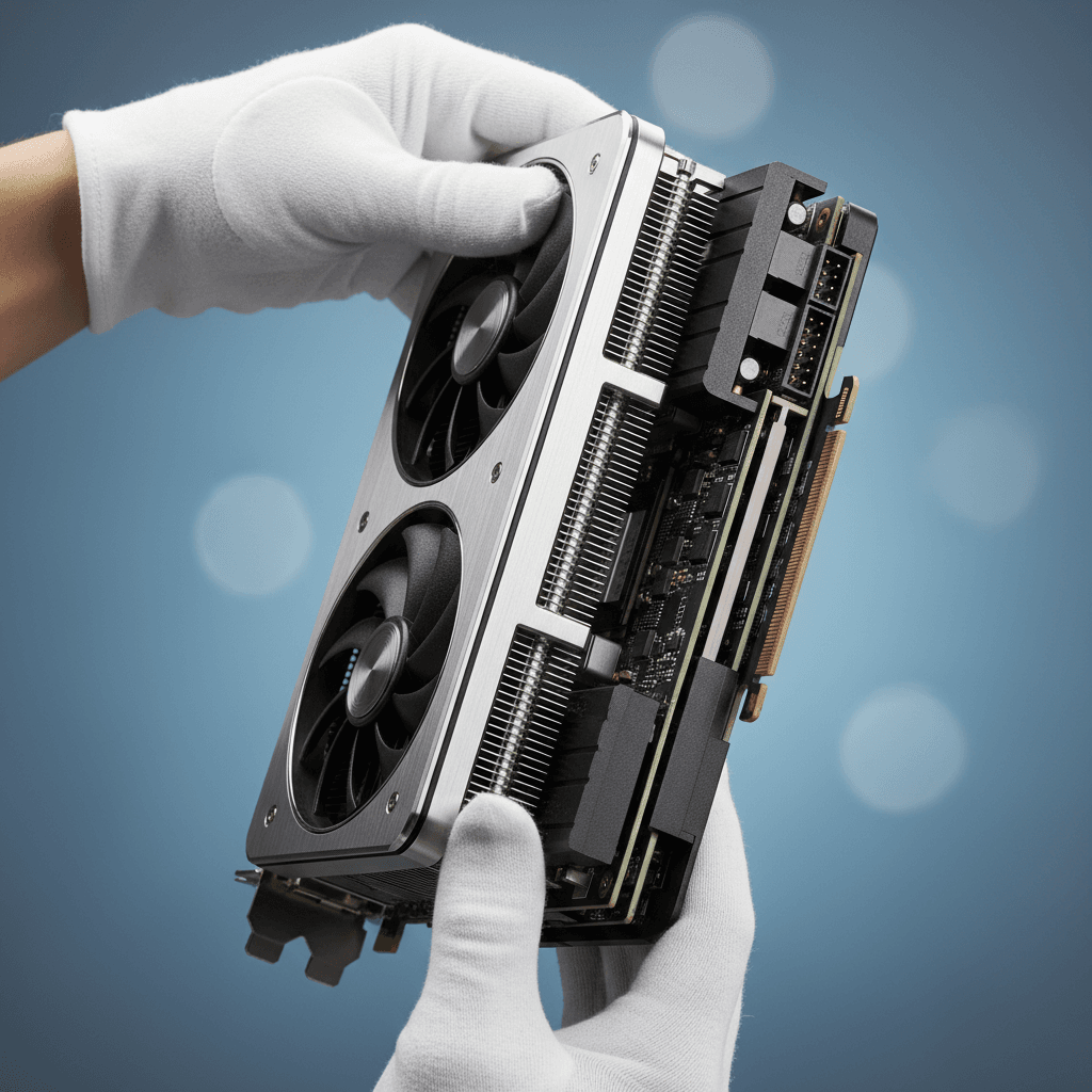 High-end graphics card held in gloved hands, showing cooling fins, memory modules, and power connectors against neutral background